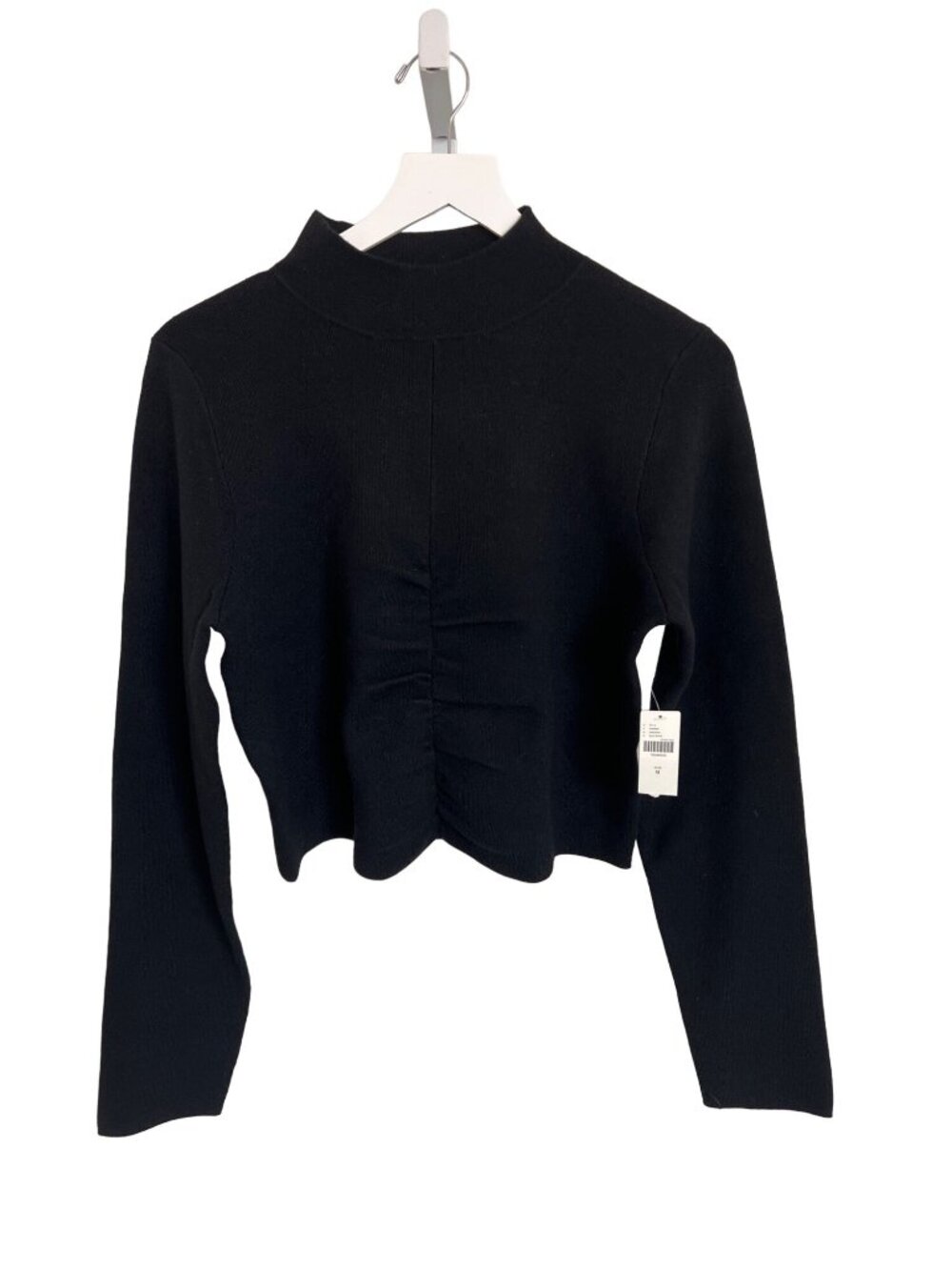 Anthropologie Black Sweater Top With Mock Neck & Ruched Front Detail